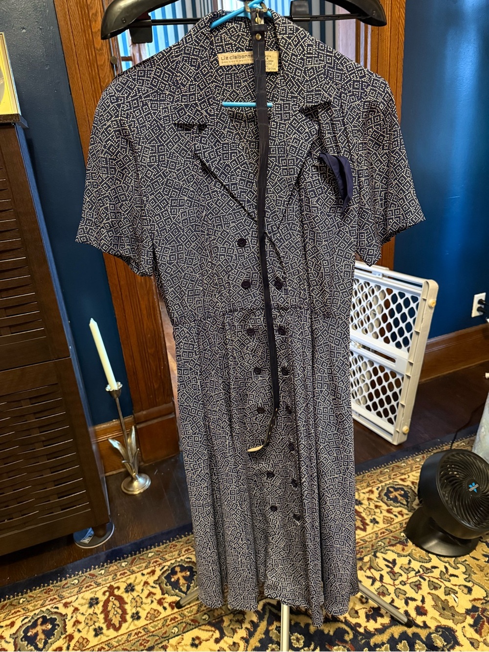 Vintage Liz Claiborne front button dress with matching belt & hanker-chief